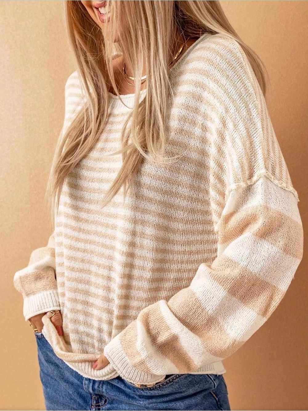 NWOT Boutique Striped Drop Sleeve Knit Sweater - Cream & Tan Small